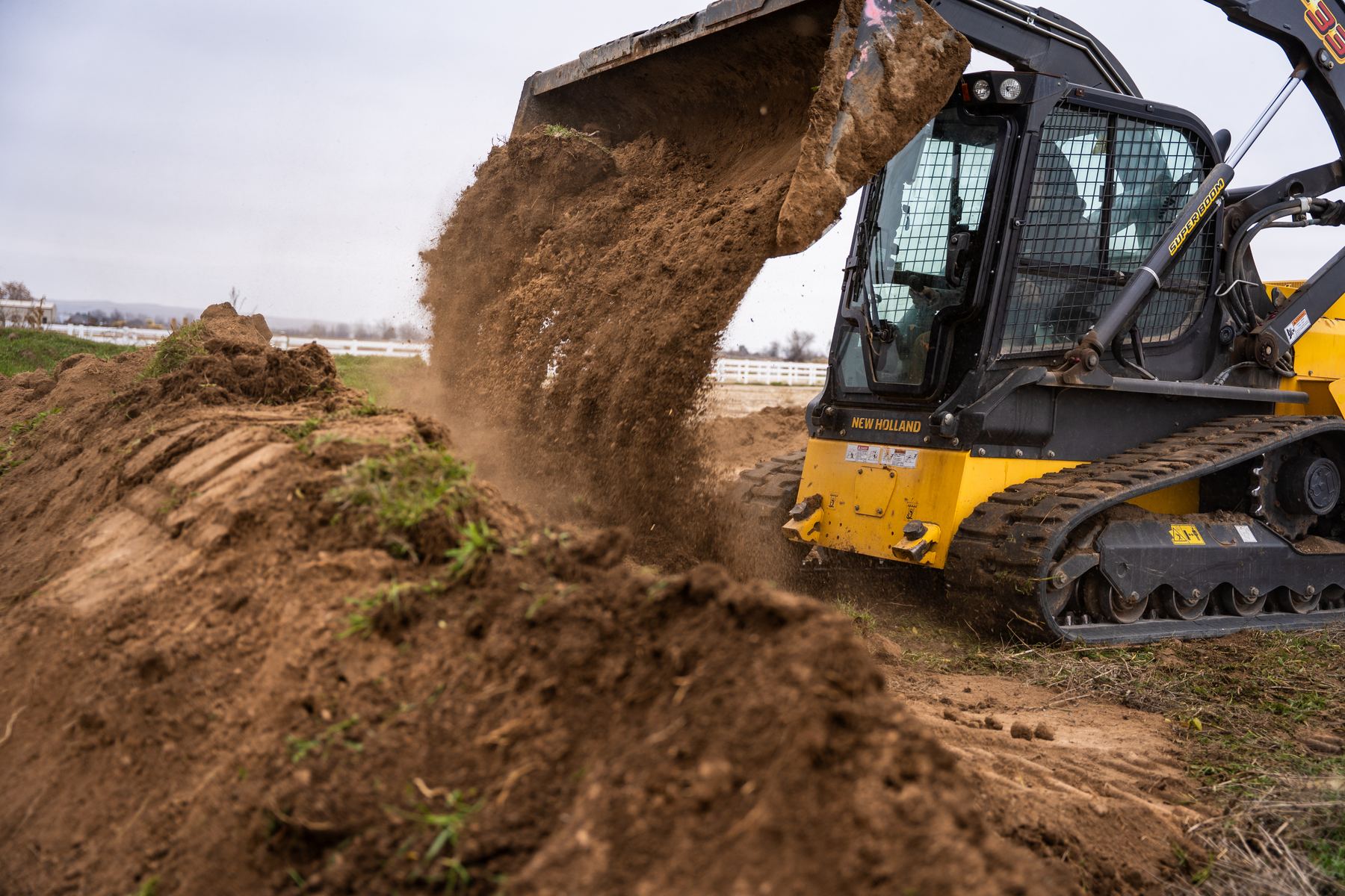 Compact track loader unloading soil next to a young tree.