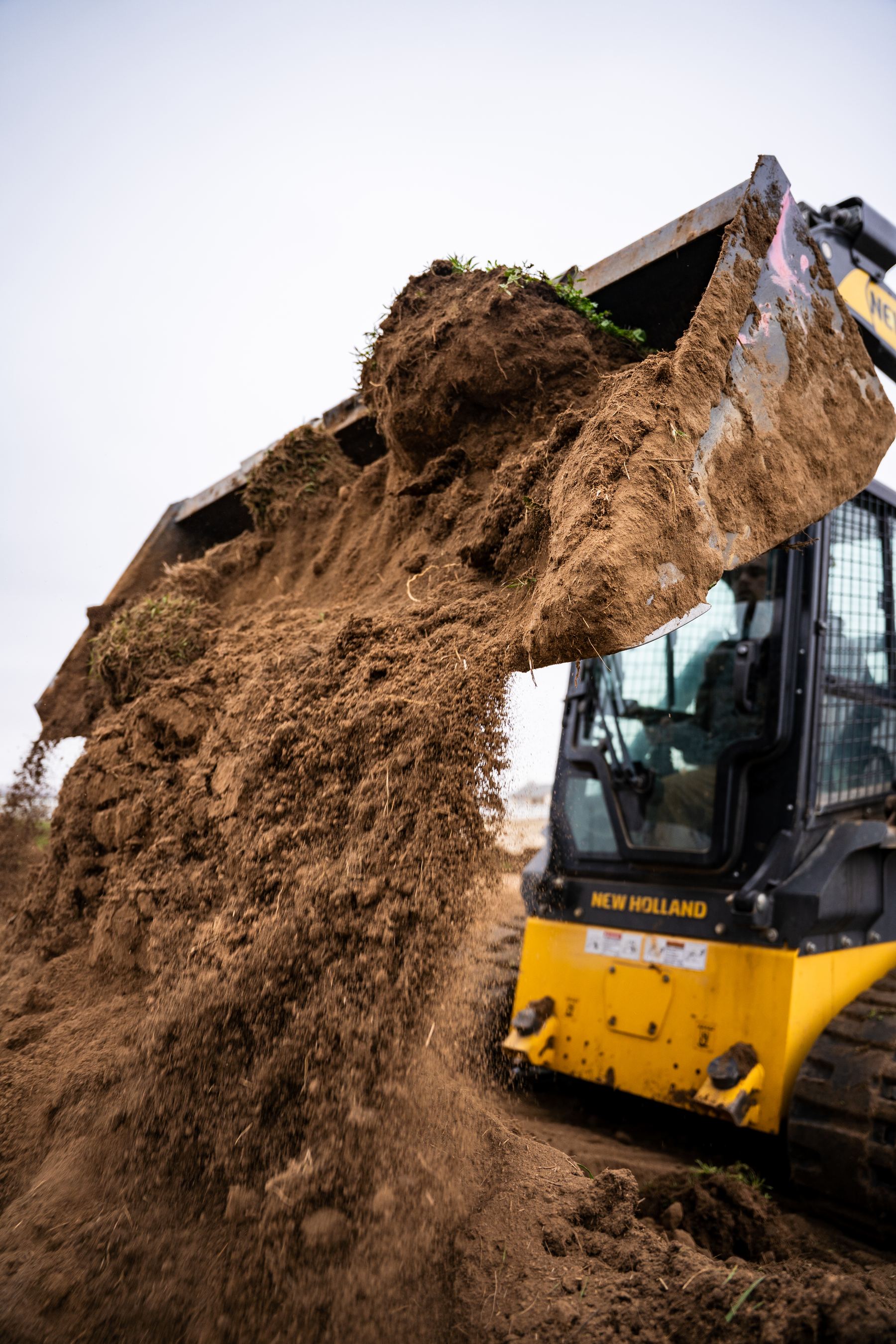 Compact track loader spreading fill dirt near young trees.